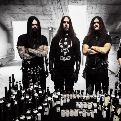 Prompt: swedish black metal band with bright 5 l bottle of beer, all black cyberpunk clothes, futuristic, realistic, promo photograph, epk, in a room full of candles, high quality, highly detailed