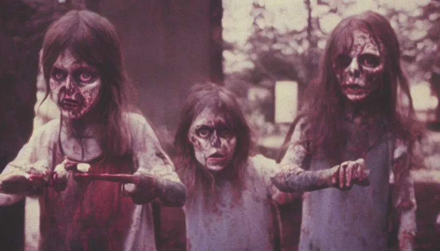 Prompt: 7 0 s film still from a horror movie about a child stabbing undead zombies, kodachrome, cinecolor, cinestill, film grain, film texture, retro, cinematic, high resolution, photorealism,