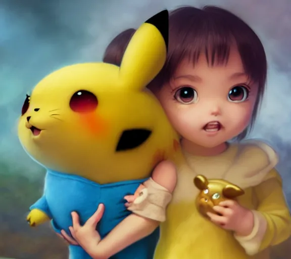 Image similar to epic fantasy comic book style portrait painting of a giant feral pikachu holding a tiny misty in his hand, by mark ryden and pixar and hayao miyazaki, unreal 5, daz, hyperrealistic, octane render, cosplay, rpg portrait, dynamic lighting, intricate detail, cinematic