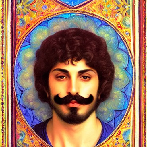 Image similar to beautiful iranian persian man with mustache, kaleidoscope, victor nizovtsev, botticelli, bouguereau