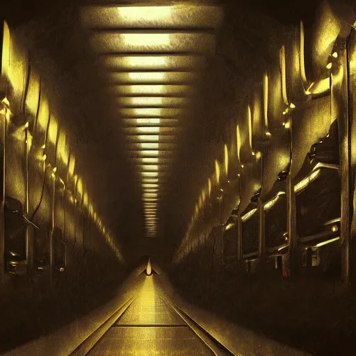 Image similar to computational tunnels, a tunnel complex full of mechanical computers and hooded robots, dramatic baroque oil painting, chiaroscuro