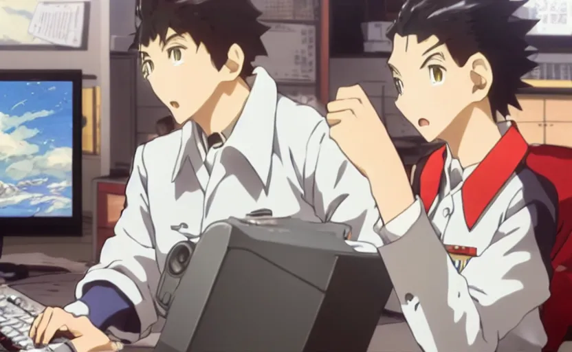 Image similar to a still shot from anime with angry realistic josef stalin trading bitcoin in front of computer, finely detailed features, closeup at the faces, perfect art, gapmoe yandere, trending on pixiv fanbox, painted by craig mullins makoto shinkai takashi takeuchi studio ghibli, akihiko yoshida,