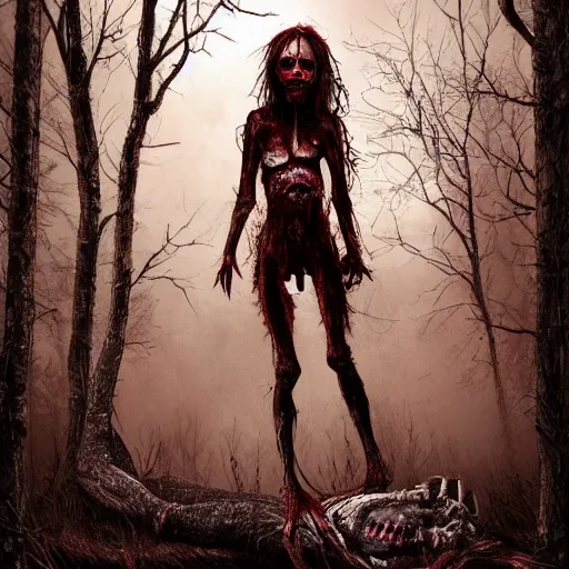 Prompt: A realistic detailed photo of a creepy witch, extra detailed body, crooked legs, blood, exploded belly, red eyes, destroyed body, dead skin, dead trees, detailed body, teeth filled with cavities, foggy landscape, creepy, light particles, detailed light, realistic shaders, trending on artisation, detailed textures, detailed, realistic.