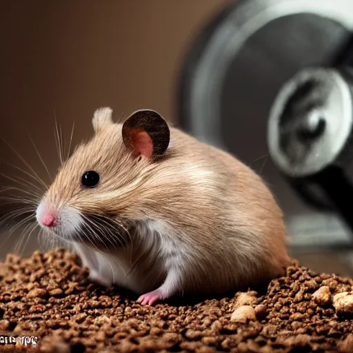 Image similar to “photograph of hamster lifting weights, sharp focus, hd, 8k”