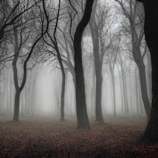 Prompt: i am looking for a horror image that includes a dark, foreboding forest with twisted, gnarled trees. there should be a foggy, ethereal quality to the image, and the light should be dim and eerie. i would like the image to include at least one figure, who should be shrouded in darkness.