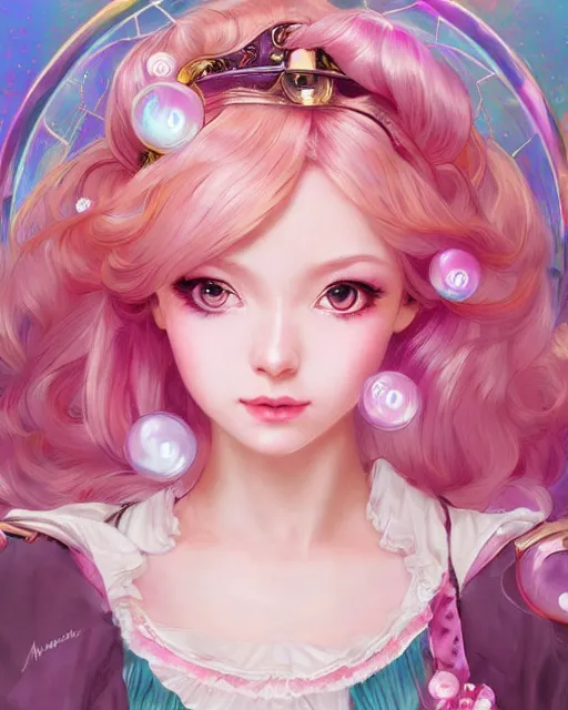 Image similar to portrait of magical lolita girl, dreamy and ethereal, expressive pose, big pink eyes, exciting expression, fantasy, intricate, elegant, many rainbow bubbles, rose tones, highly detailed, anime, artstation, concept art, cyberpunk wearing, smooth, sharp focus, illustration, art by artgerm and greg rutkowskiand alphonse mucha