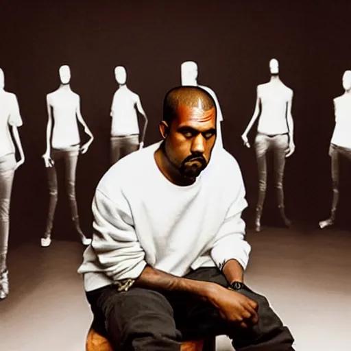 Prompt: photo of Kanye West sitting in a room with mirrors surrounding him