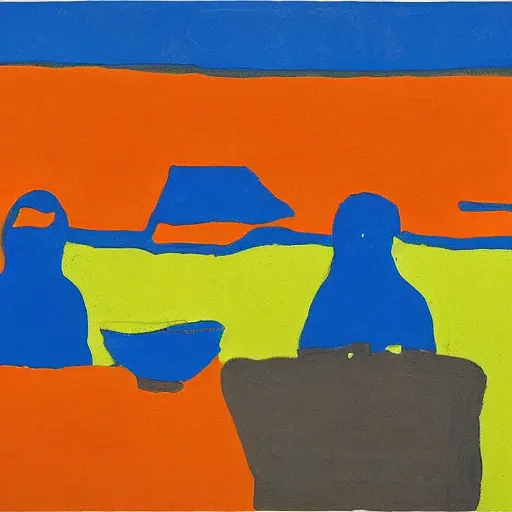 Image similar to fluorescent blue, dark orange by etel adnan daring. the land art shows four people sitting in a diner late at night. the people in the land art look tired & lonely. the land art is set in new york city & shows the city's skyline in the background.