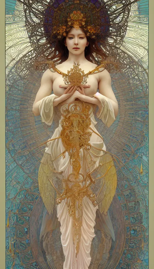 Image similar to goddess angel of tranquility. hyper detailed, character concept, full body, dynamic pose, intricate, lineart, cerpuscular rays, by yoshitaka amano, alfons mucha, 4 k