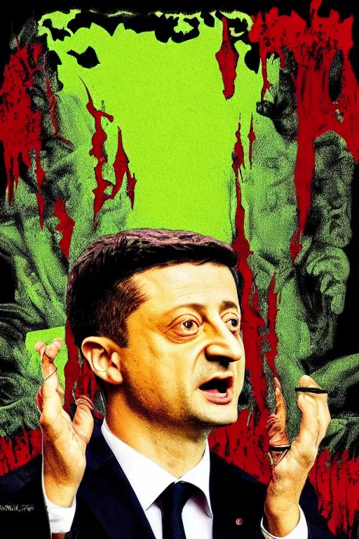 Image similar to president zelensky is in hell, art in the style of a poster for horror films in a cinema, detailed art in color