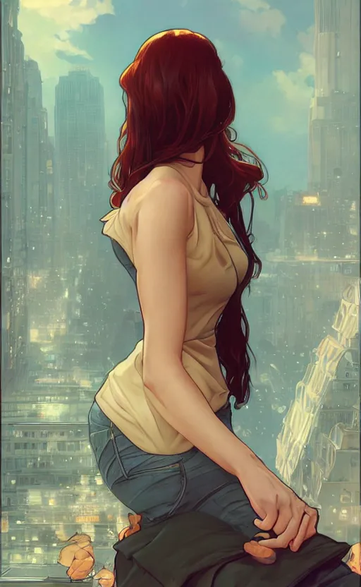 Image similar to Mary Jane Watson, highly detailed, digital painting, artstation, facing camera, concept art, smooth, sharp focus, illustration, art by artgerm and alphonse mucha, high definition digital art, dramatic lighting, in the style of ilya kuvshinov and Ross tran