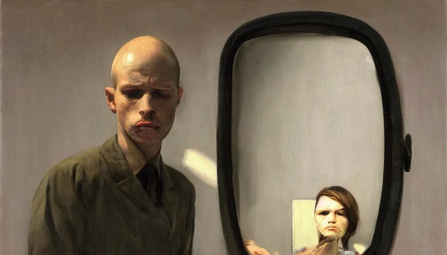 Image similar to painting by borremans, man in front of the mirror, detailed, stunning, hyperrealism, dynamic lighting