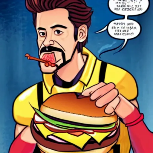 Image similar to tony stark eating a cheeseburger