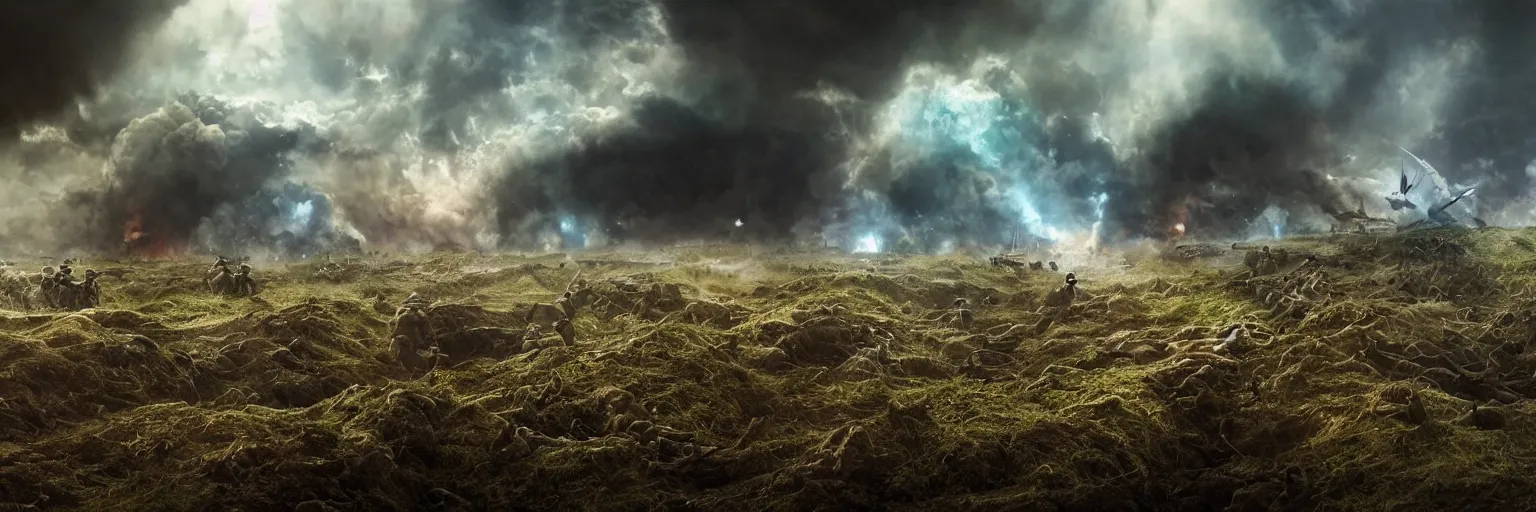 Image similar to natural looking fight landscape of ww 1 trenches, soldiers fighting with resistance aliens, green gas spreading across land, futuristic tank is on fire, ground explosion in the background, alien mothership in the sky, hyper realistic, highly detailed, dramatic lighting, raytarced, god rays, 4 k, 8 k, matte painting