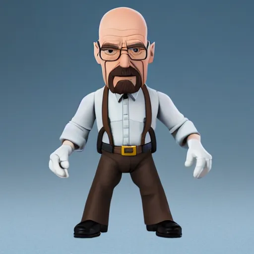 Prompt: walter white as a caricature disney infinity figure with no joint articulation, highly detailed, intricate, clean forms with simplified facial forms with plane changes with sharp stylized clothing folds, by Titan Books, product photo