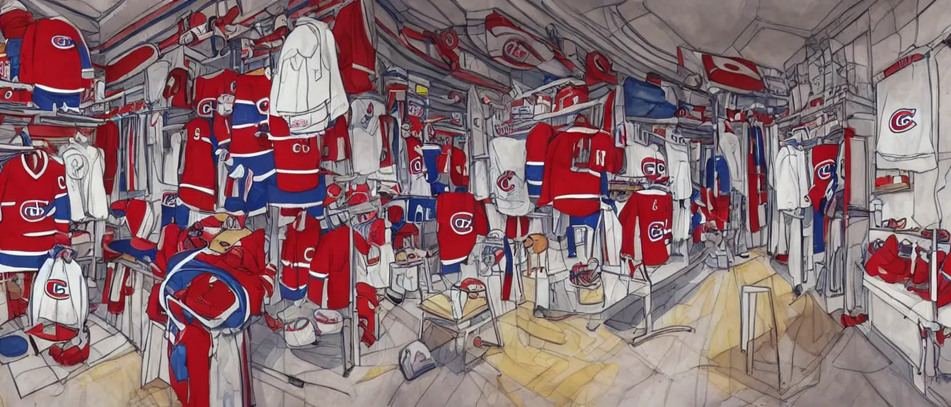 Image similar to montreal canadiens habs centre bell hockey dressing room, style of studio ghibli + moebius + basquiat, cute, detailed,
