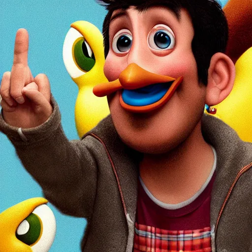 Prompt: adam sandler as a duck with human baby teeth, pixar cute, highly detailed, sharp focus, digital painting, artwork by Victor Adame Minguez + Yuumei + Tom Lovell + Sandro Botticelli