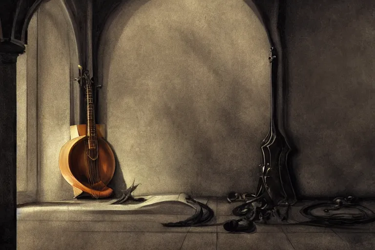 Image similar to still life painting, musical instument alone - a lute with smoke wisping up from its smoldering string, cursed baroque with ebony inlay, designed by brian froud and hr giger leans against the wall alone, abandoned. an empty brutalist chamber, lonely, somberlate afternoon lighting cinematic fantasy painting by jessica rossier