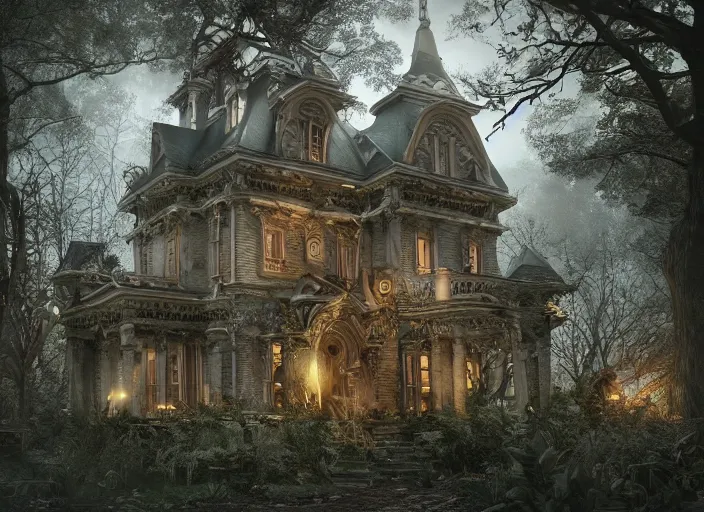 Image similar to A haunted Mansion in the middle of the woods, evil, demonic, enchanting, angelic, flowers, nature, city, symmetry, environment concept, cinematic, Rendered in Octane, trending on artstation, cgsociety, moody lighting rendered by octane engine, environment 8K artstation, cinematic lighting, intricate details, 8k detail post processing, hyperealistic, octane render, photo realism, visually inspired by Blade Runner 2049