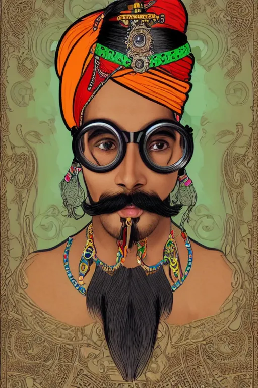 Prompt: face portrait of a rajasthani man with long neon moustache and beard and rajasthani pagdi wearing steampunk goggles and jewelry having lots of tattoos and earrings, art by butcher billy and mucha, sticker, colorful, illustration, highly detailed, simple, smooth and clean vector curves, no jagged lines, vector art, smooth