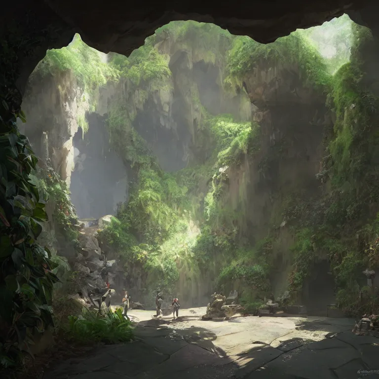 Image similar to secret overwatch arc hallway for living quarters carved inside a cave surrounding a lush garden, trimmed, magical, natural light, clean lines, cozy, fantasy, minimalist architecture, sharp focus, concept art, by greg rutkowski and craig mullins,, octane render 8 k