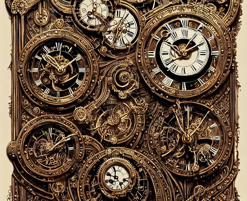 Image similar to ornate steampunk grandfather clock, high details, intricately detailed, by vincent di fate, inking, lineart, 3 color screen print, masterpiece, trending on artstation,, sharp, details, hyper - detailed, hd, 4 k, 8 k