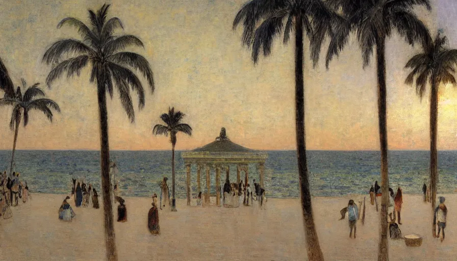 Prompt: a ultradetailed beautiful painting of the night sky of the amazonas palace balustrade designed by jules bastien - lepage, tarsila do amaral, frank weston and gustave baumann, beach, trending on artstation, mediterranean, palm trees, sharp focus, giant greek columns, soft light, 8 k 4 k