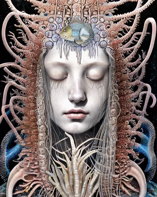 Image similar to realistic detailed underwater portrait of the beutiful young goddess of the fish of the three times with an intricate headdress of corals, sea kelp, sea plants, fish, jellyfish, art by ernst haeckel, zdzisław beksinski, h. r. giger, hieronymus bosch, gothic, neo - gothic, ornamental,