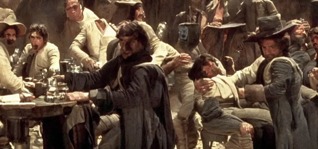 Image similar to a screencap from the cantina scene in the movie star wars of 1 8 7 6