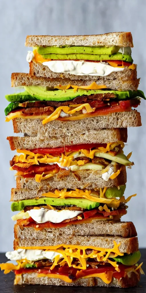 Image similar to the most tall sandwich with fried tofu, one red tomato slice, mayo, onion, avocado, melted cheddar, red dish, background : jupiter and stars in the sky