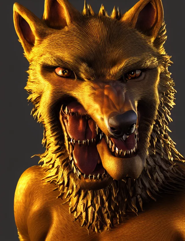 Prompt: portrait of a werewolf with delicate golden biomechanical components. studio photography, 3 d render, 4 k, rimlight, complementary colors.