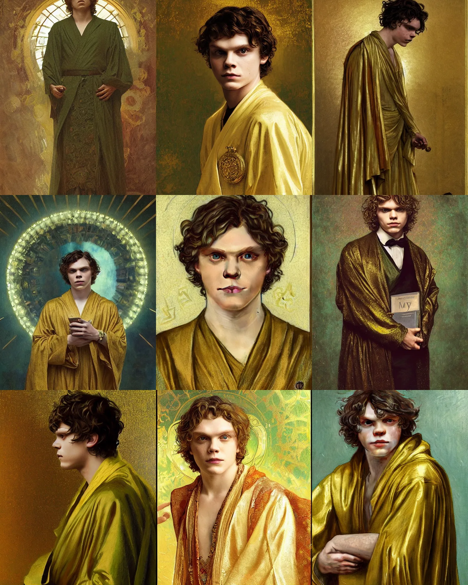 Prompt: portrait of evan peters in gold - green robes, runes, jewelry, mystical, ethereal, magical library bokeh, painting by greg rutkowski and alphonse mucha