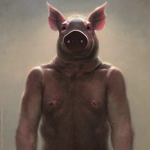 Image similar to anthropomorphic pig is vladimir putin pig hybrid, transformation, macabre, horror, by donato giancola and greg rutkowski and wayne barlow and zdzisław beksinski, realistic face, visible face, digital art