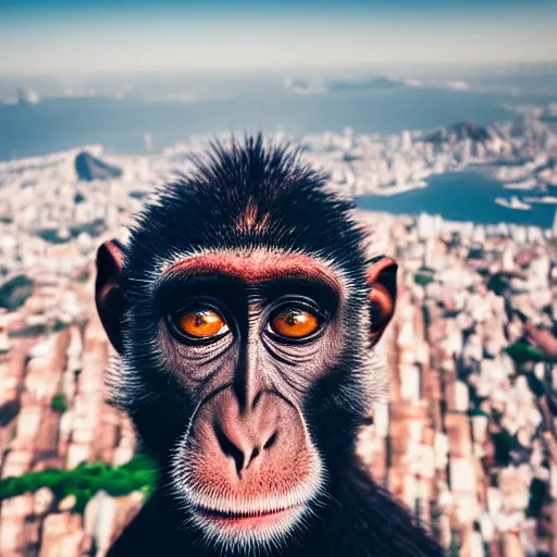 Image similar to high quality portrait of a monkey in front of Christ The Redeemer, studio photograph, photograph, realistic photo, 8k photo, 4k photo, stock photo, high resolution, cinematic shot, high detail