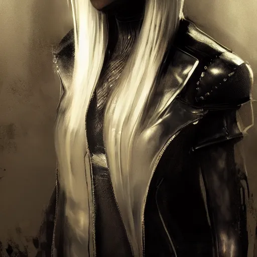 Image similar to portrait of high detail yorha no. 2 type a wearing skintight leather jacket by jeremy mann, fantasy art, dynamic lighting, artstation, poster, volumetric lighting, 4 k, award winning