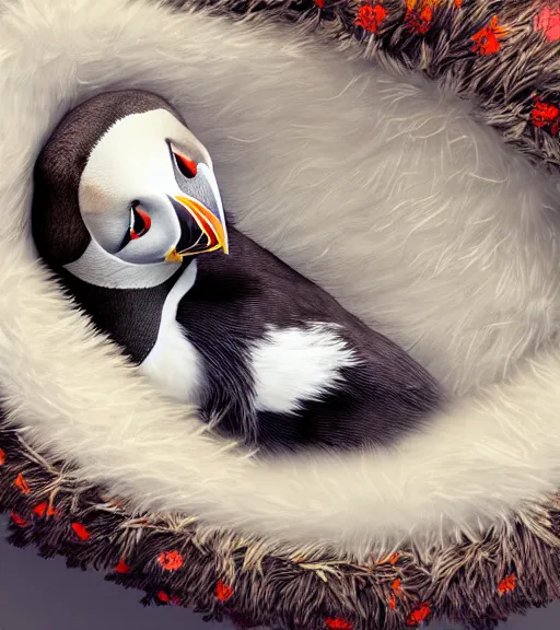 Prompt: single cute puffin sleeping in an oversized fluffy bed, unreal 5, DAZ, hyperrealistic, octane render, cosplay, RPG portrait, dynamic lighting, intricate detail, summer vibrancy, cinematic