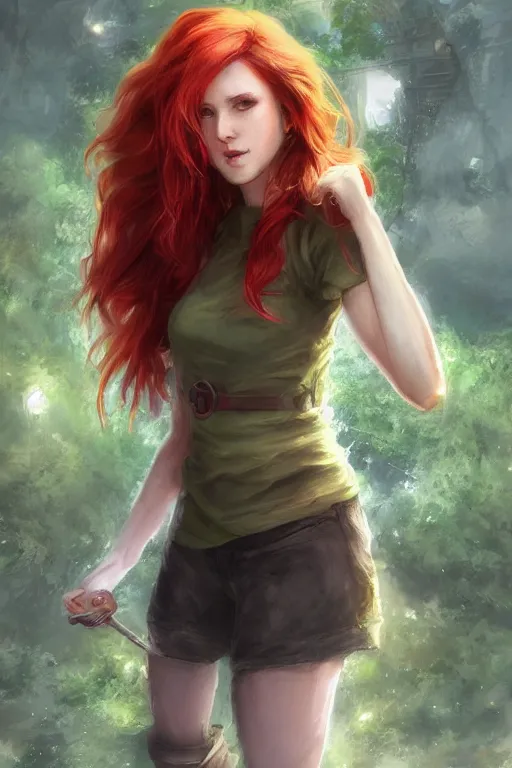 Image similar to beautiful cute red haired joyful and playful 1 9 year old maiden standing up in casual green clothing, long hair, modern city, rpg character, sci - fi, fantasy, intricate, elegant, digital painting, artstation, concept art, smooth, 8 k frostbite 3 engine, ultra detailed, art by artgerm and greg rutkowski and magali villeneuve