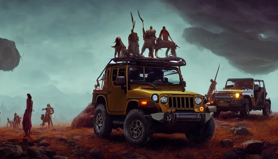 Image similar to Mahindra thar, tribe members watching nearby, an epic fantasy, dramatic lighting, cinematic, establishing shot, extremely high detail, photorealistic, cinematic lighting, artstation, by simon stalenhag, christopher nolan, horizon forbidden west