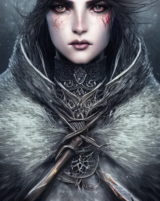 Image similar to highly detailed sharp photorealistic portrait of a beautiful female hunter with shimmering hair, symmetrical face and eyes, dressed in intricate silver, cgsociety, Elden Ring, Dark Souls, Bloodborne