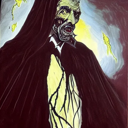 Image similar to vincent price as billionaire howard hughes in long black feathered cloak, black hands tipped with black claws, feathers growing out of skin, being abusive and angry, vivid, mike mignogna, illustration, dynamic and dramatic, highly detailed, rough paper, dark, oil painting