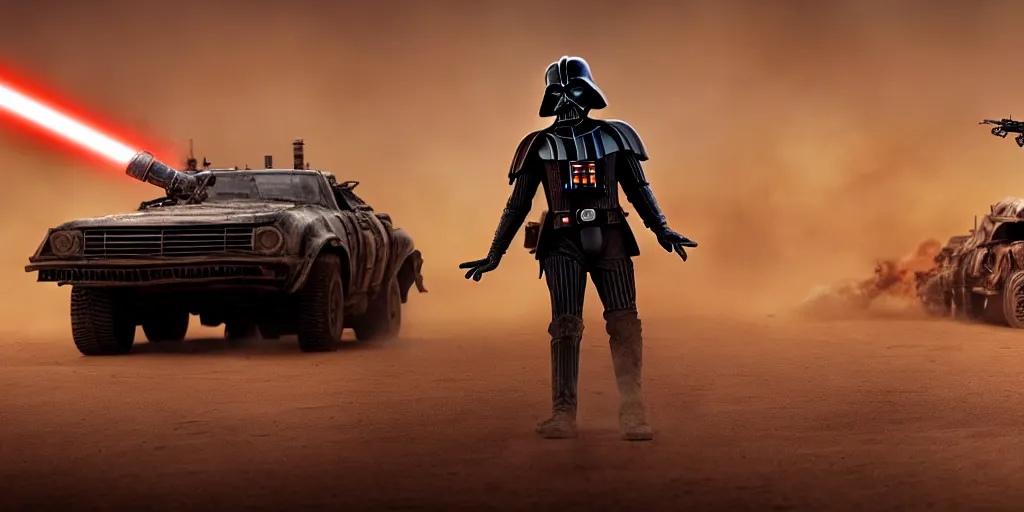 Image similar to Darth Vader standing on a driving armored post apocalyptic battle car in the desert and firing a flamethrower, Mad Max Fury Road, film, sandstorm, fire, realistic, center frame, symmetrical, spikes, flags, dust