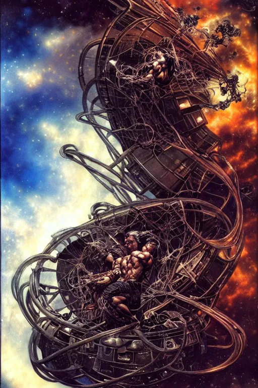 Prompt: two muscular men entwined, floating in space, zero gravity, inside a brutalist space ship by ayami kojima, amano, karol bak, greg hildebrandt, and mark brooks, hauntingly surreal, gothic, rich deep colors.