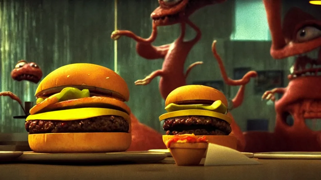 Image similar to the strange cheeseburger creature at the fast food place, film still from the movie directed by denis villeneuve and david cronenberg with art direction by salvador dali and zdzisław beksinski, pixar, wide lens