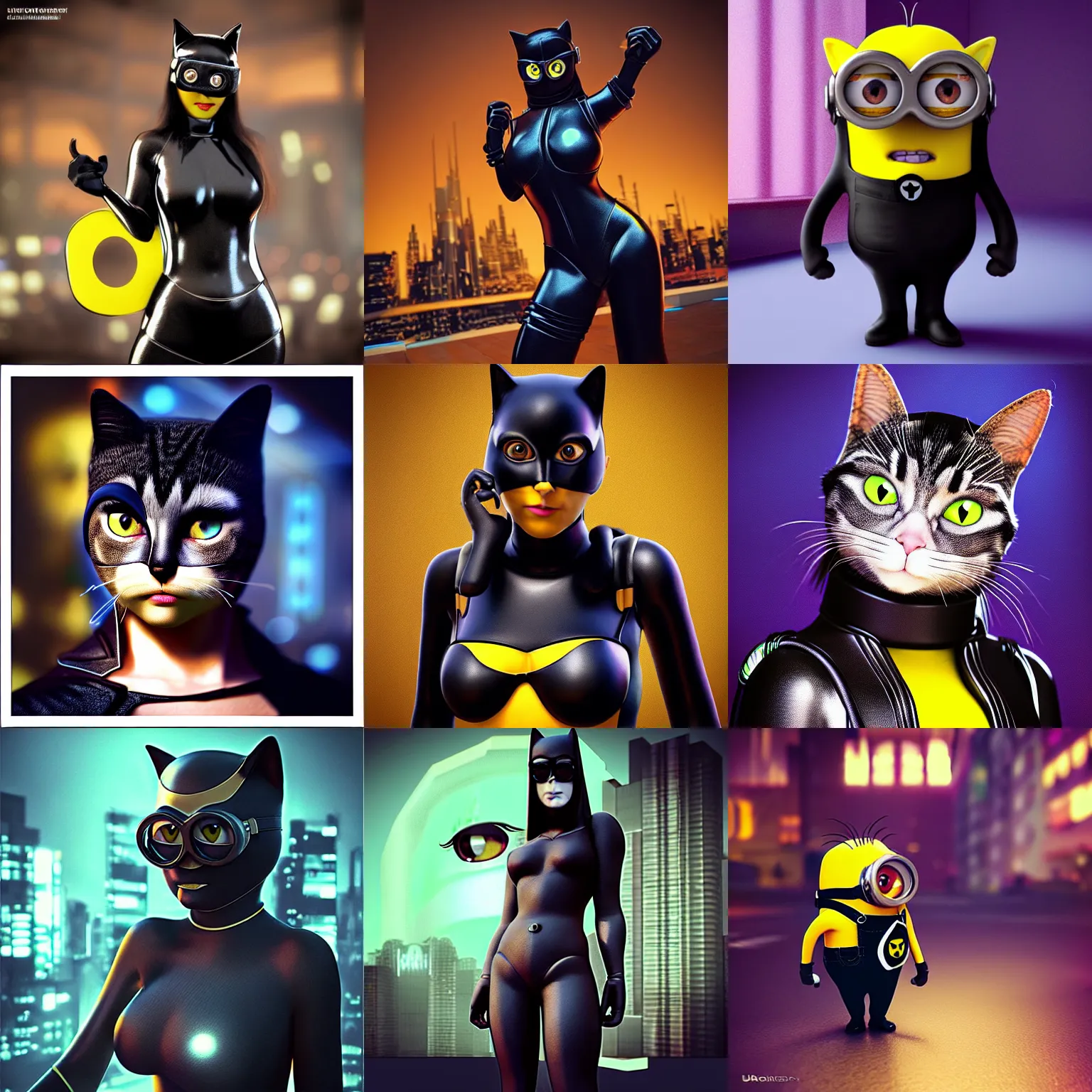 Prompt: “minion cat woman, UHD, hyperrealistic render, 4k, cyberpunk”