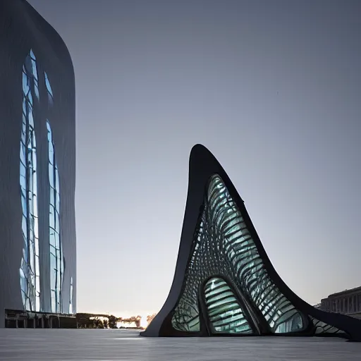 Image similar to a shiny and solemn memorial by zaha hadid