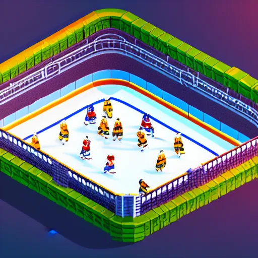 Prompt: Huge hockey arena game illustration, aerial view, isometric Voxel, pixel art, Blizzard, EASports, intricate, elegant, highly detailed, digital painting, artstation, concept art, smooth, sharp focus, art by Roman Klco and Shadow Run, brightly lit cinematic soft lighting, 4k