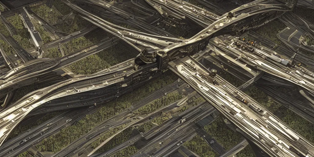 Image similar to cinematic still of hyper detailed highway realistic afro steampunk designed by frank lloyd wright architect, helicopters, deep perspective, wide angle, insanely detailed and intricate,