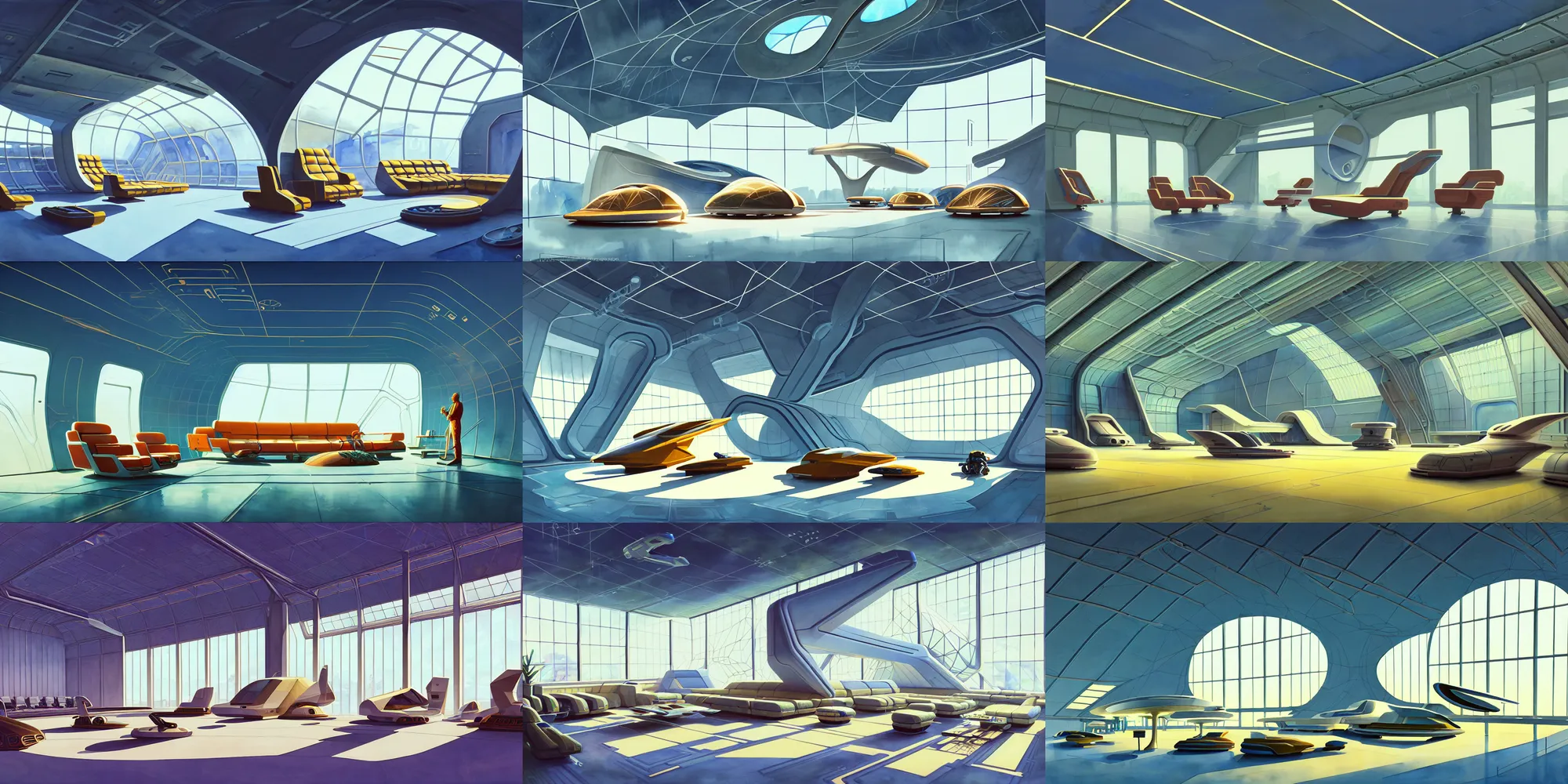 Prompt: a beautiful illustration of futuristic hangar, lots of furniture, spaceship, waiting room, big medium small, sacred geometry, golden ratio, in watercolor gouache detailed paintings, in style of syd mead, trending on artstation, 8 k, panel, hard surface, vent, zaha hadid, props, plant, cozy, decoration around the room, simon stalenhag, deus ex