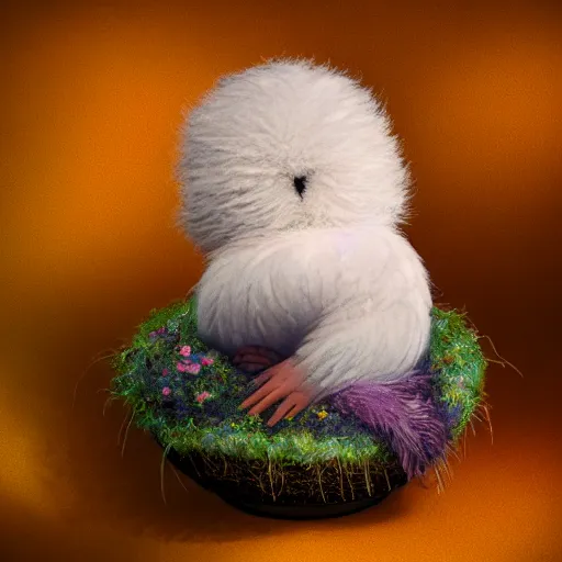 Image similar to long shot of a very fluffy furry alien chick nesting in a floral cup, esao andrews, by m. w. kaluta, humorous illustration, hyperrealistic, tilt shift, warm colors, night scenery, low light, 3 d octane render, 4 k, volumetric lights, smooth, cosy atmosphere, conceptart, hyperdetailed, trending on deviantart