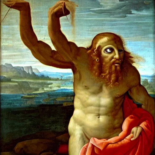 Image similar to renaissance painting of the cyclops-giant Polyphemus emerging from his cave